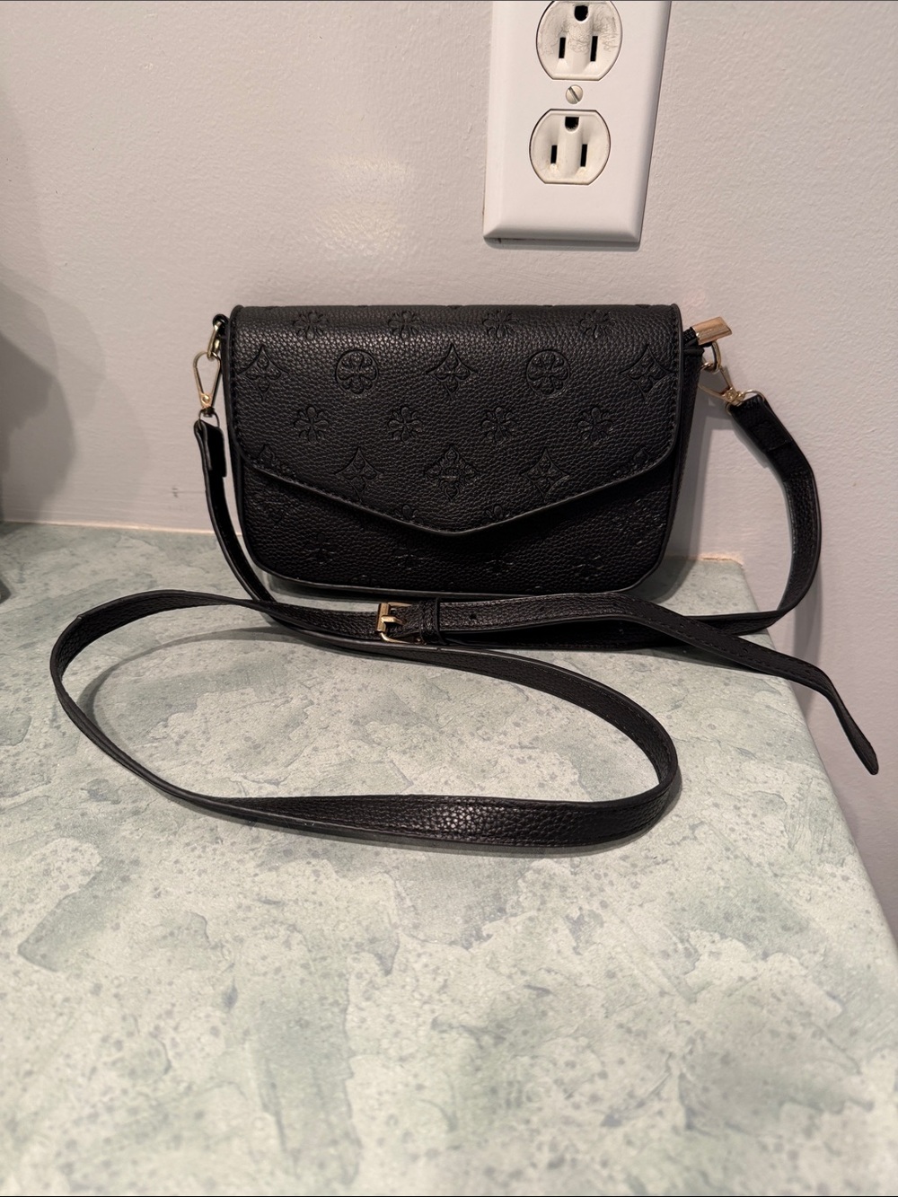 Embossed Black Leather Crossbody with Adjustable Strap